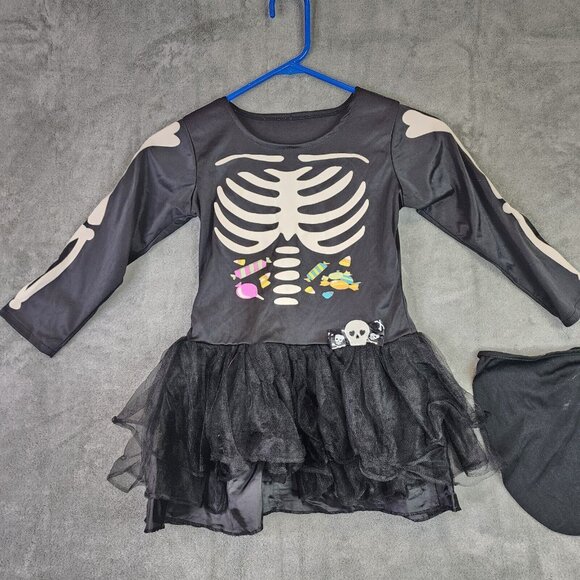 Girls Black & White Scary Skeleton Halloween Costume Dress Size M 7-10 - Picture 2 of 9